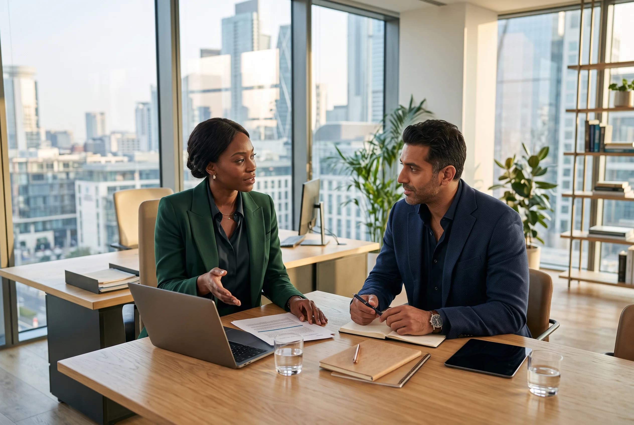 Two business executives in collaborative discussion at a contemporary office with city skyline
