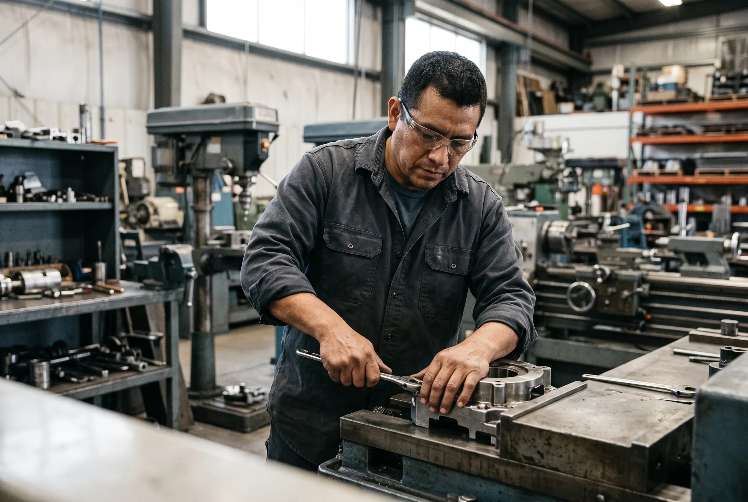 Experienced tradesperson actively working with precision tools on industrial machinery in a professional workshop